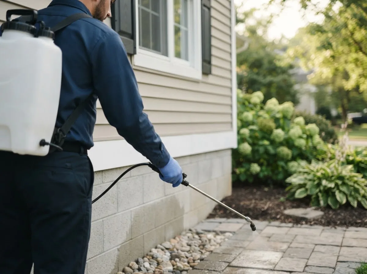 Pest control technician inspecting a home in Isonville, KY